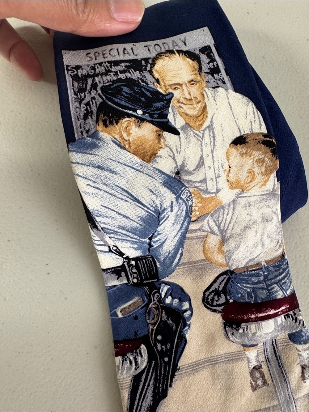 Vintage Norman Rockwell People Novelty Print Silk Navy Patterned Necktie - Picture 10 of 14